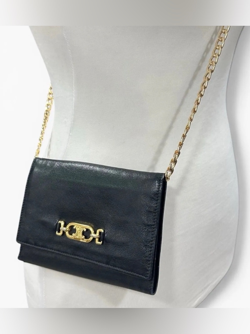 Authentic vintage Celine triomphe leather wallet chain bag WOC